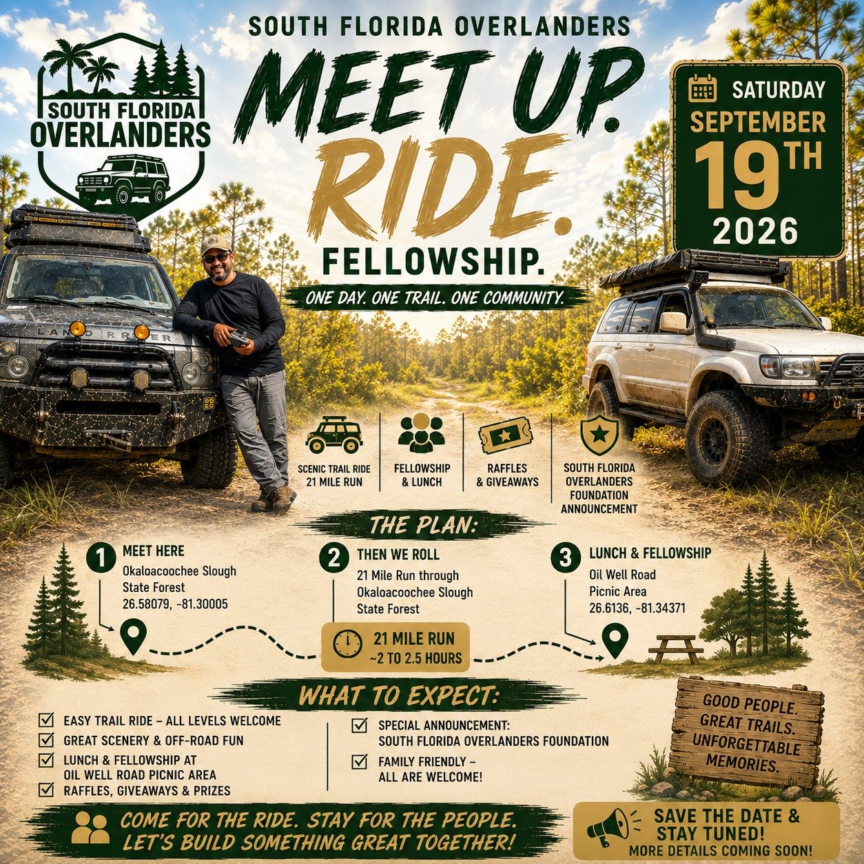 Event flyer: South Florida Overlanders, Meet up. Ride. Fellowship. Saturday, September 19, 2026, at Okaloacoochee Slough State Forest